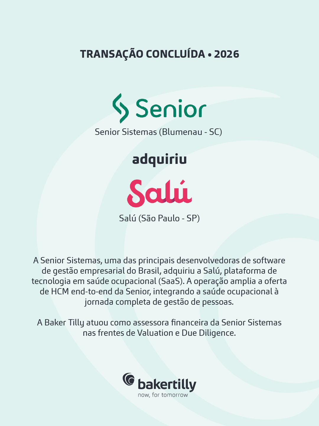 Baker Tilly assessora a Senior Sistemas na aquisição da Salú