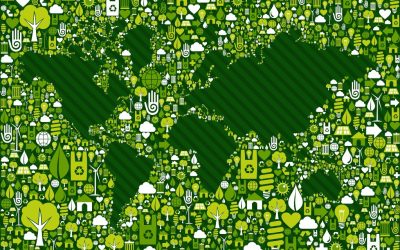 Green environment icon set around World map shape. Vector file layered for easy manipulation and custom coloring.