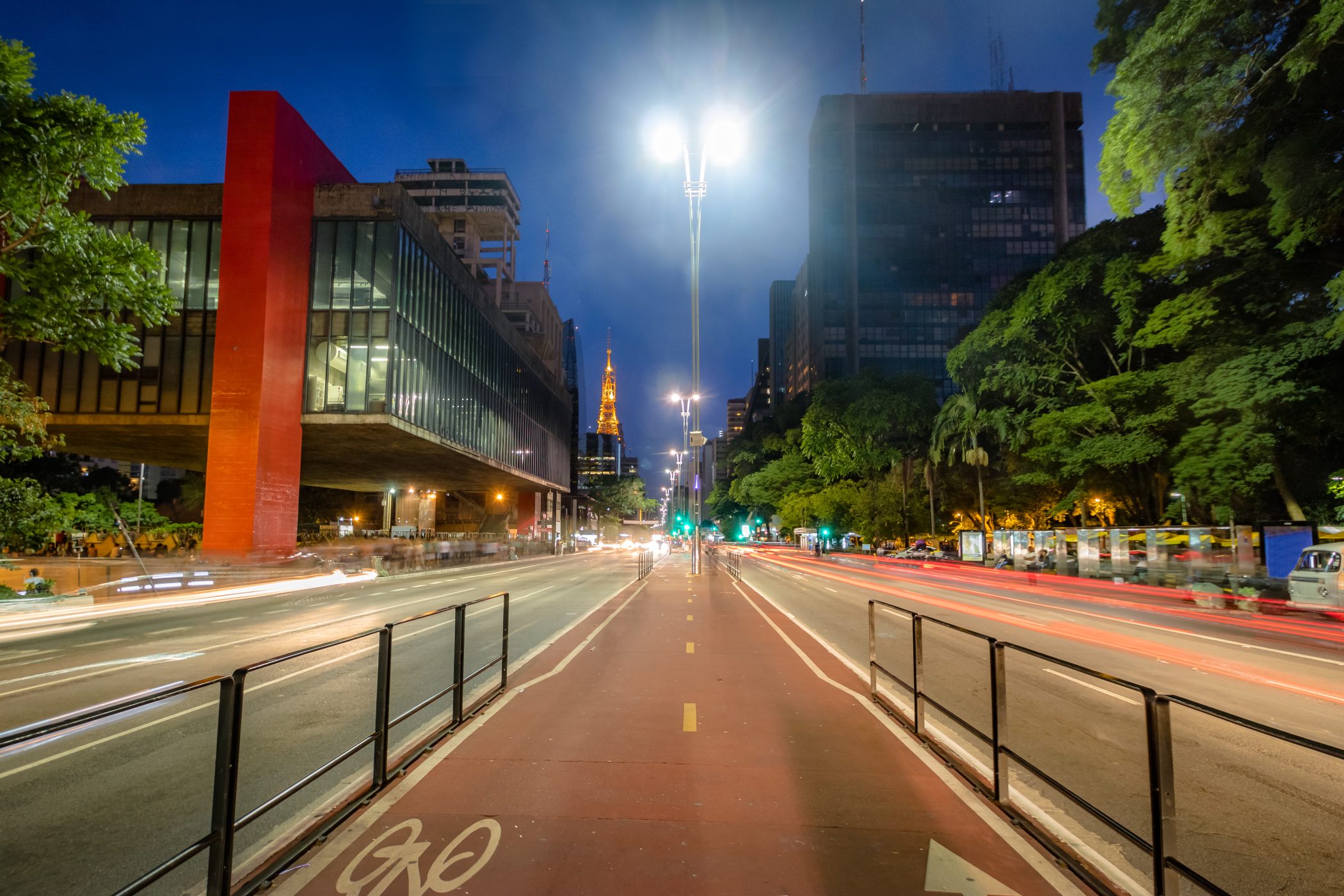 Paulista Avenue and MASP (Sao Paulo Museum of Art) at night - Sao Paulo, Brazil